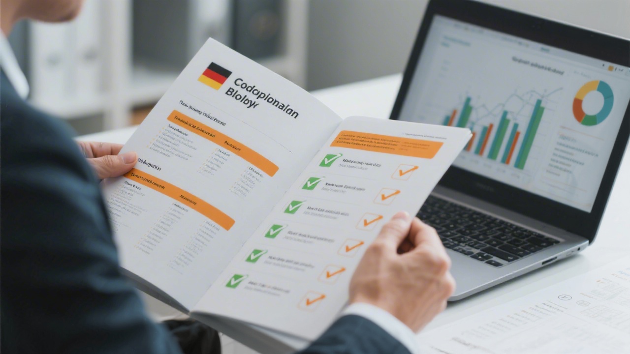 Professional auditor reviewing compliance playbook with highlighted sections, laptop analytics, and checkmarks representing practical preparation steps for German tax authority examinations.