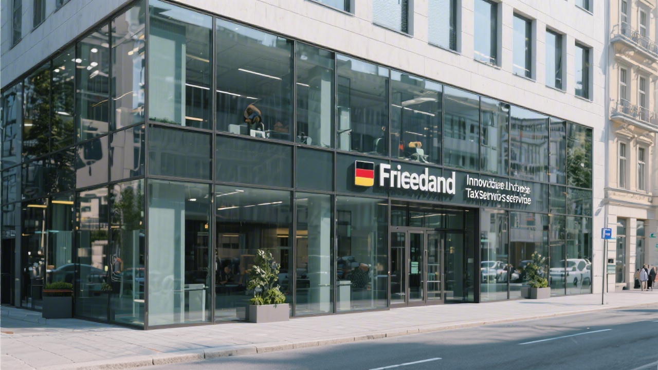 Modern Berlin office exterior on Friedrichstraße with glass façade and signage reflecting contemporary headquarters for innovative German tax documentation service provider.