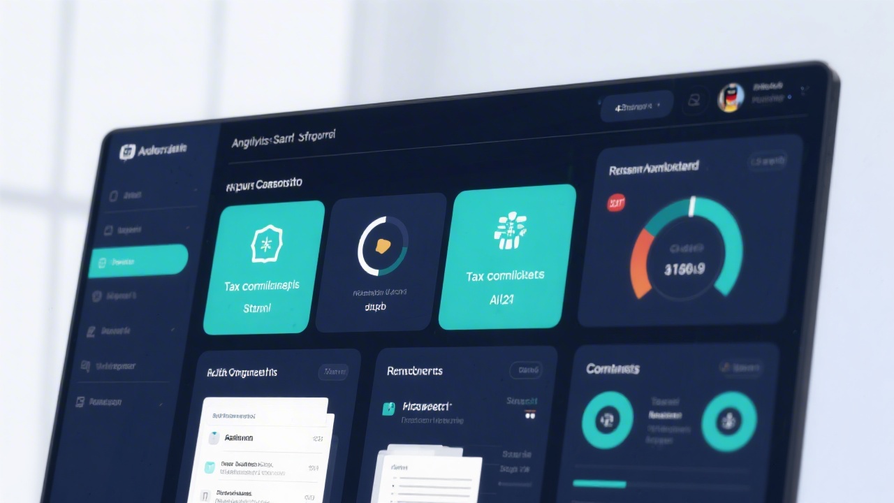 Analytics dashboard mockup displaying tax compliance status widgets, deadline alerts, and document completeness indicators in teal and navy colors to represent transparent German regulatory oversight.