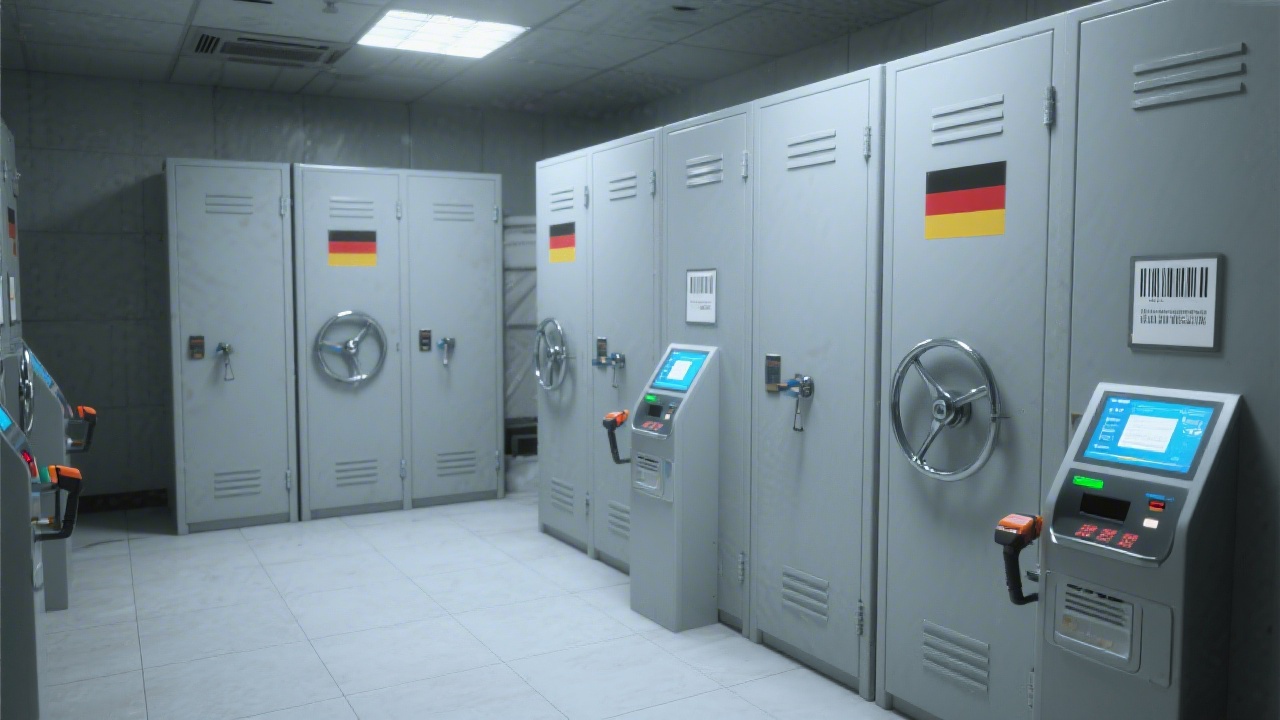 Secure archive room rendering with fireproof cabinets, barcode scanners, and digital terminals emphasizing hybrid retention strategy for regulated German financial documentation.