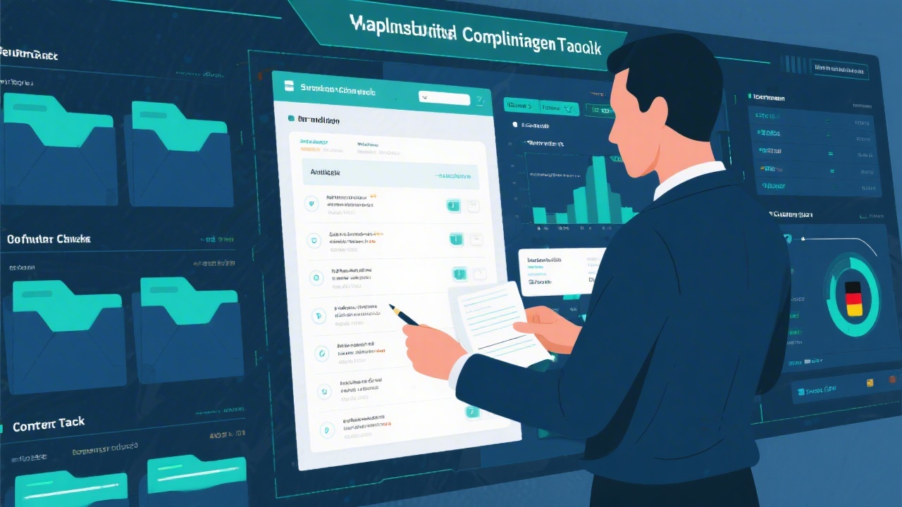 Detailed illustration of compliance specialist reviewing audit checklist on large digital dashboard with navy folders, teal highlights, and German tax context emphasising structured documentation workflows.