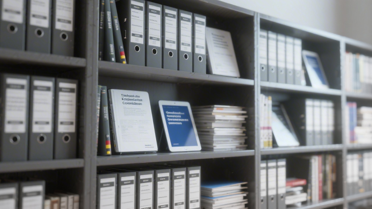Stylized bookshelf filled with neatly labeled binders, tablets, and compliance manuals representing curated knowledge base for structured tax documentation guidance in modern German companies.