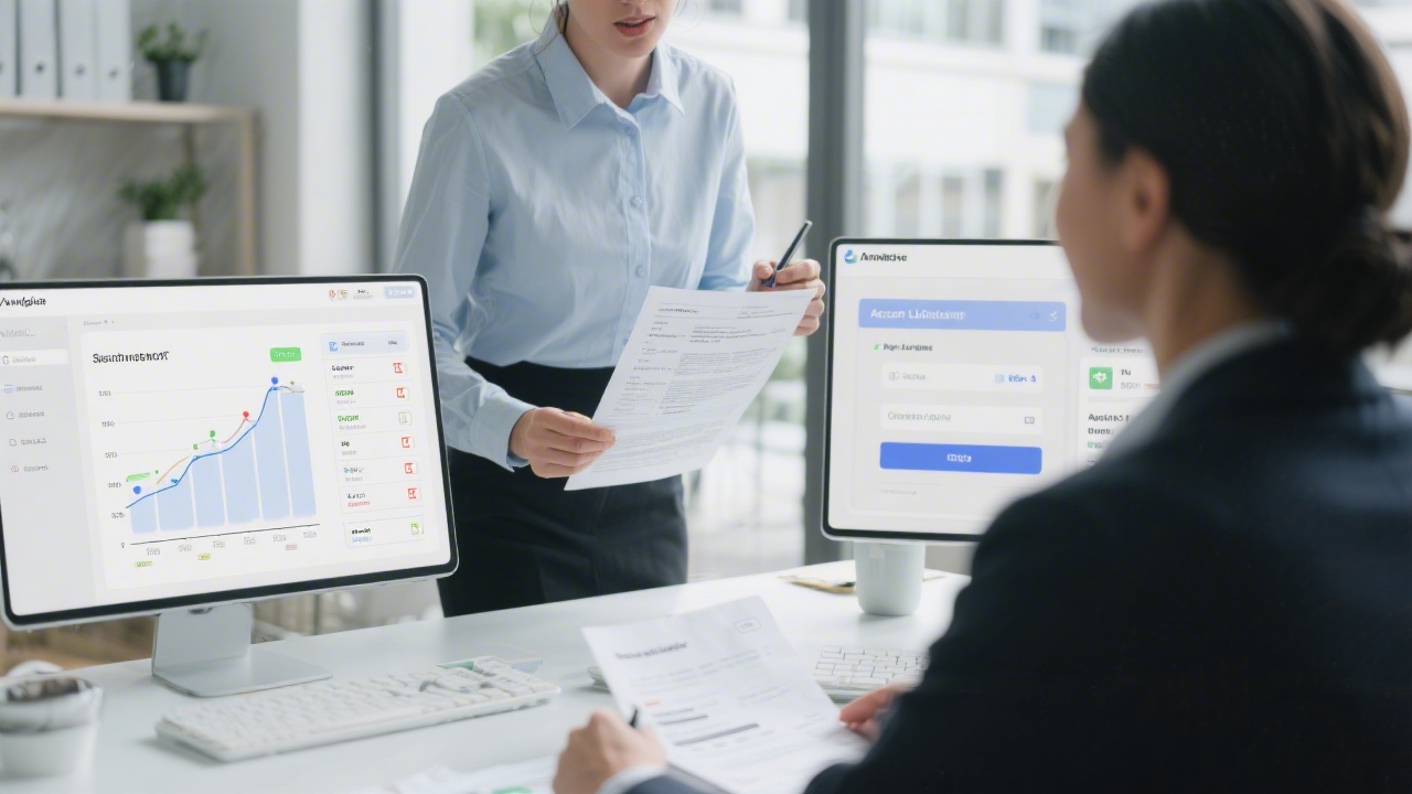 Workflow scene showing onboarding specialist guiding client through digital checklist, timeline charts, and secure upload portal to illustrate structured implementation process for tax documentation.